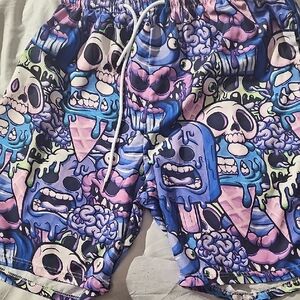 Colorful Skull and Ice Cream Patterned Shorts